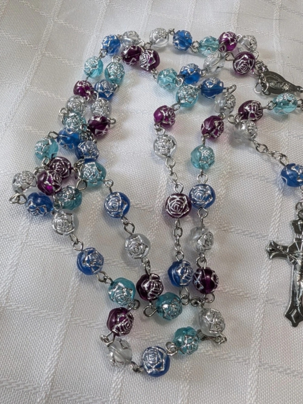 Beaded Cross Necklace in Blue & Purple